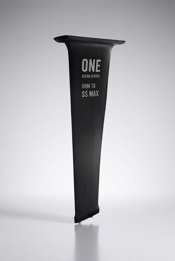 ONE SS Max UHM 76 carbon foil mast, angled view on a grey studio background